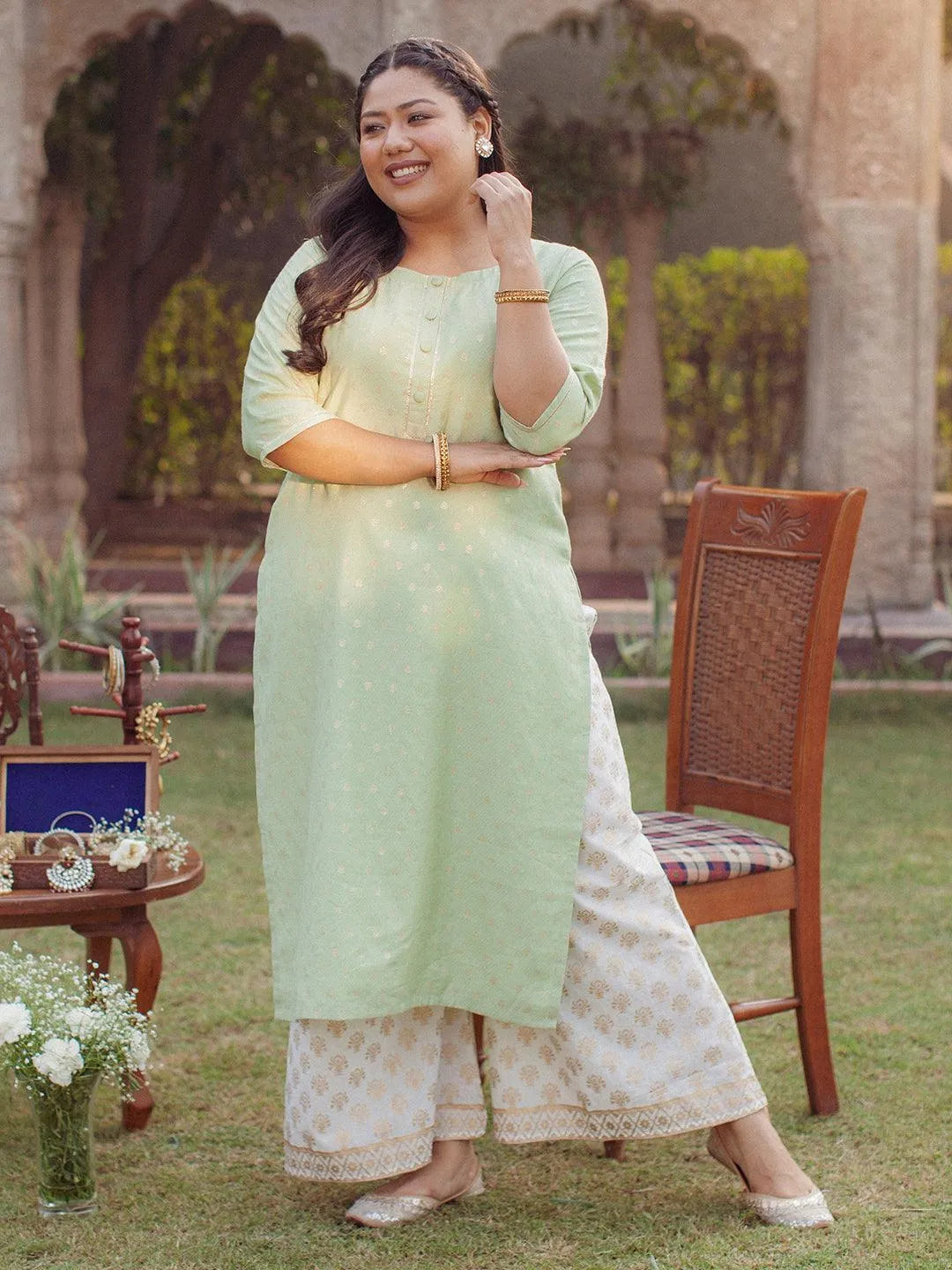 Plus Size Green Chanderi Silk Kurta - Jashvi