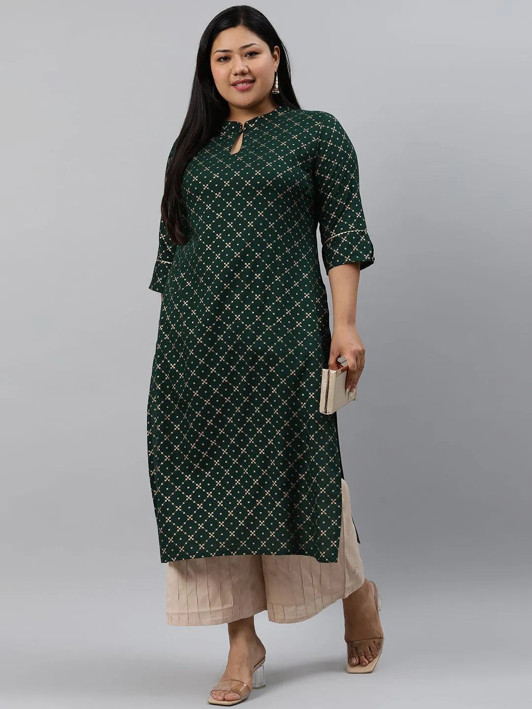 Plus Size Green Checkered Rayon Kurta - Jashvi