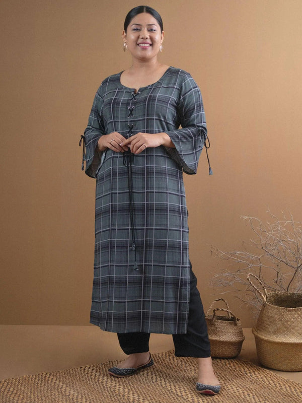 Plus Size Green Checkered Rayon Kurta - Jashvi