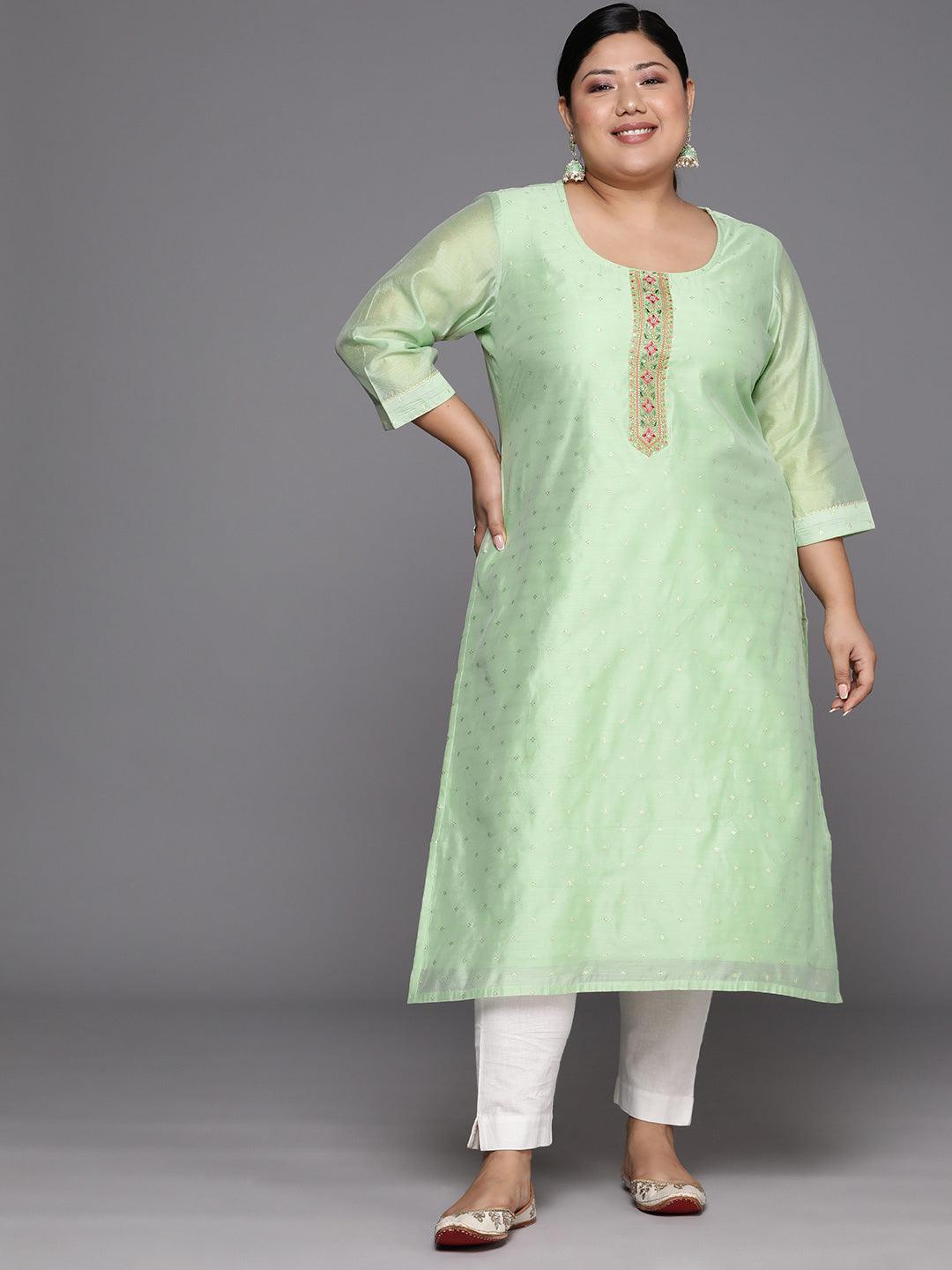 Plus Size Green Embroidered Chanderi Silk Straight Kurta - Jashvi