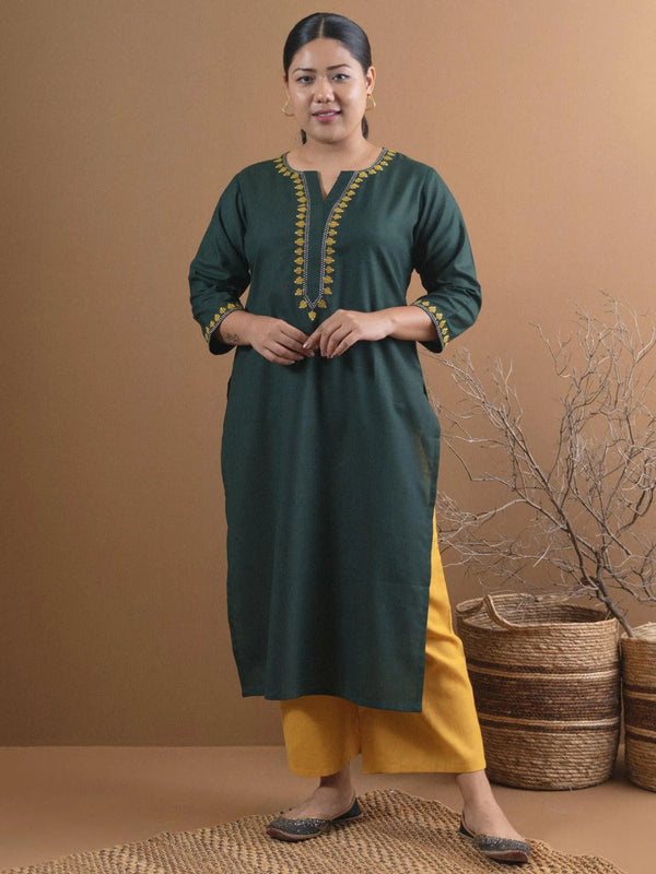 Plus Size Green Embroidered Cotton Kurta - Jashvi