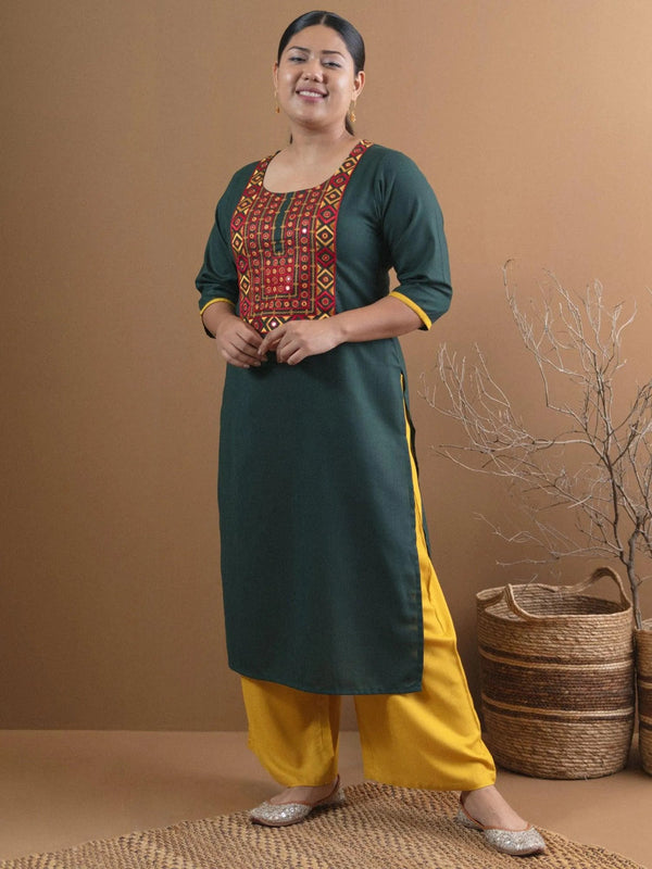 Plus Size Green Embroidered Cotton Kurta - Jashvi