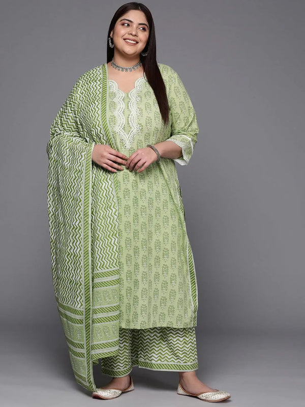 Plus Size Green Embroidered Cotton Suit Set With Trousers - Jashvi