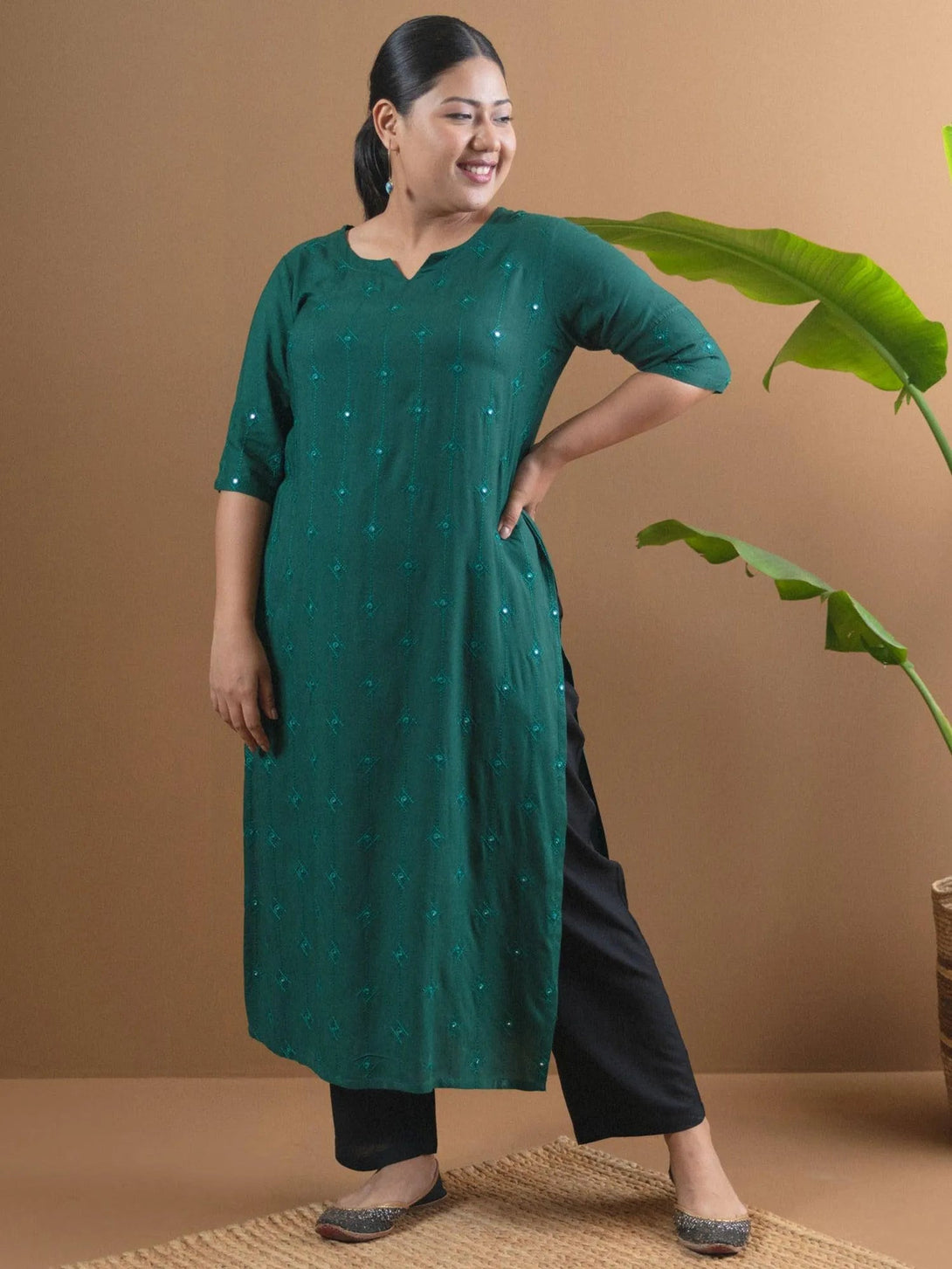 Plus Size Green Embroidered Rayon Kurta - Jashvi