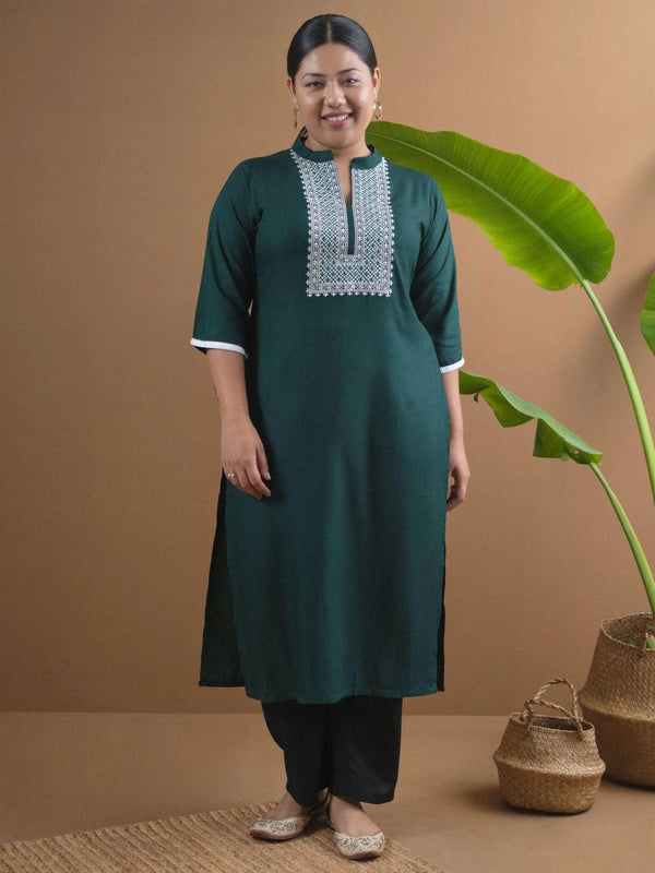 Plus Size Green Embroidered Rayon Kurta - Jashvi