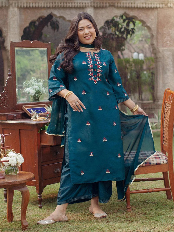 Plus Size Green Embroidered Silk Suit Set - Jashvi