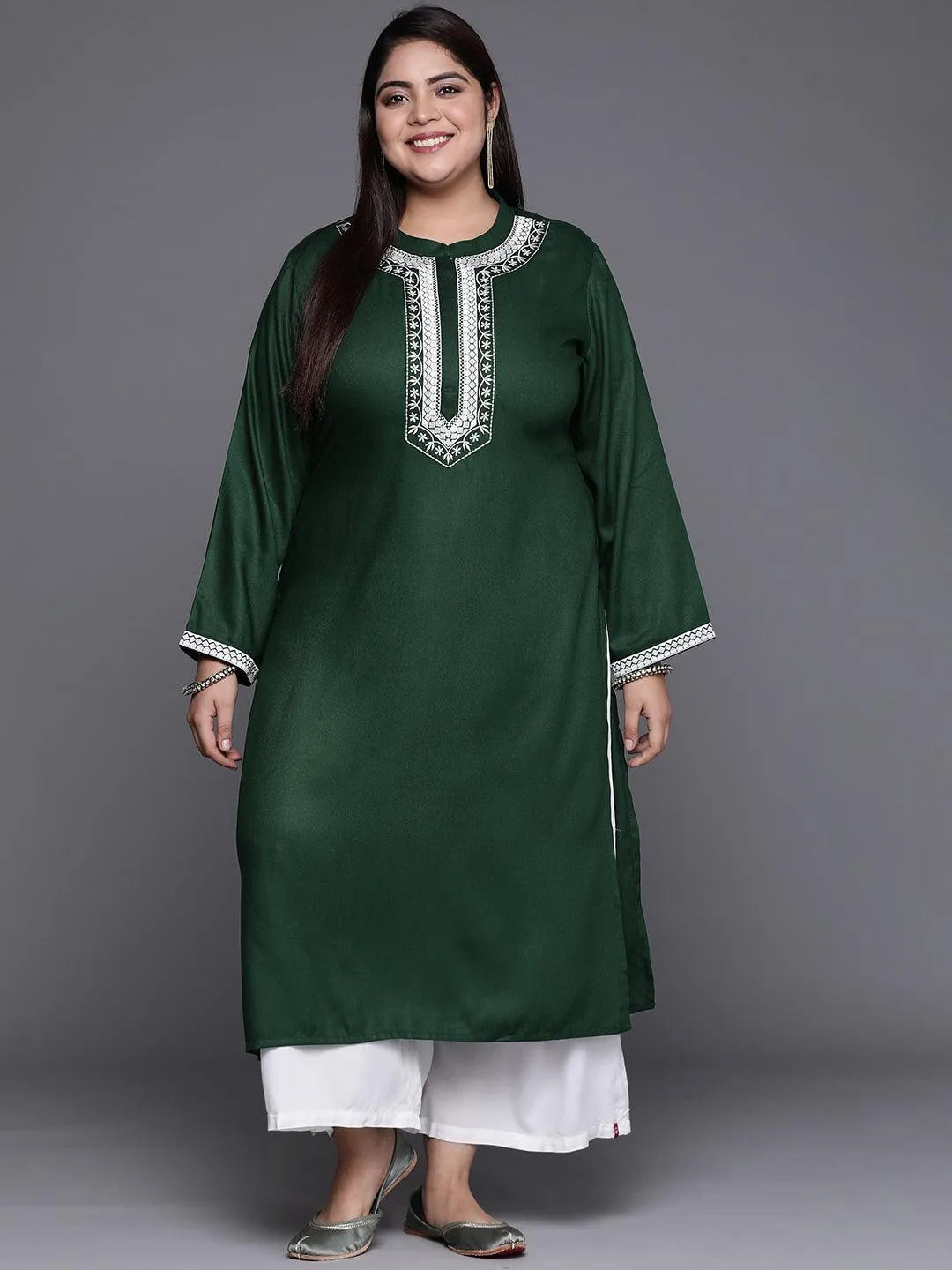 Plus Size Green Embroidered Wool Blend Kurta - Jashvi