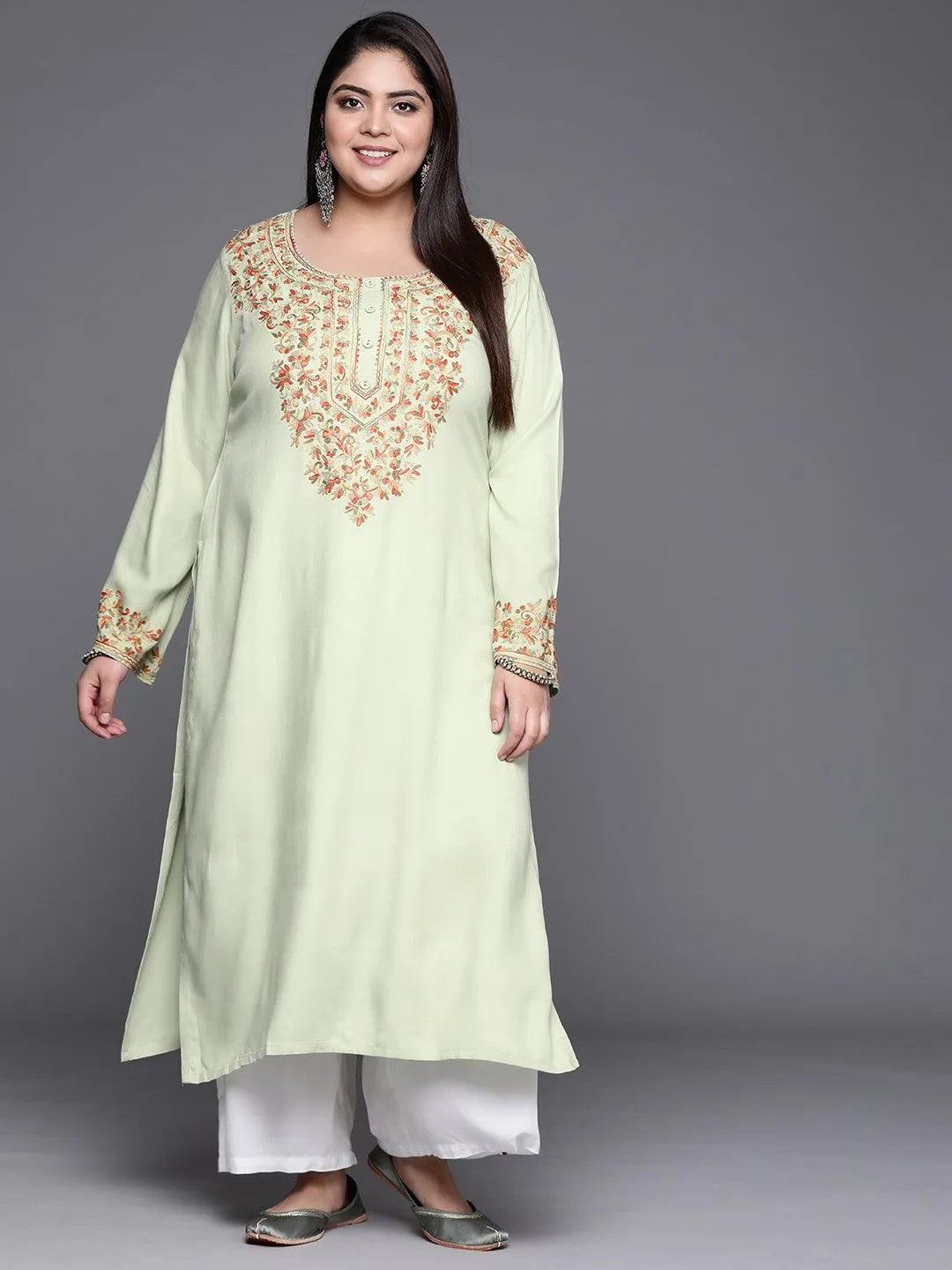 Plus Size Green Embroidered Wool Kurta - Jashvi