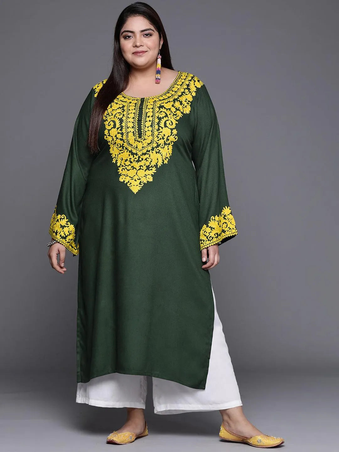 Plus Size Green Embroidered Wool Kurta - Jashvi