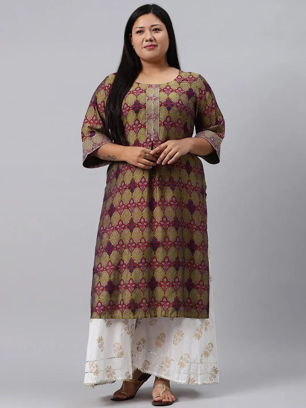 Plus Size Green Printed Chanderi Silk Kurta - Jashvi