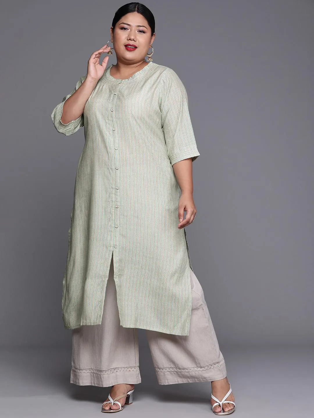 Plus Size Green Printed Chanderi Silk Kurta - Jashvi