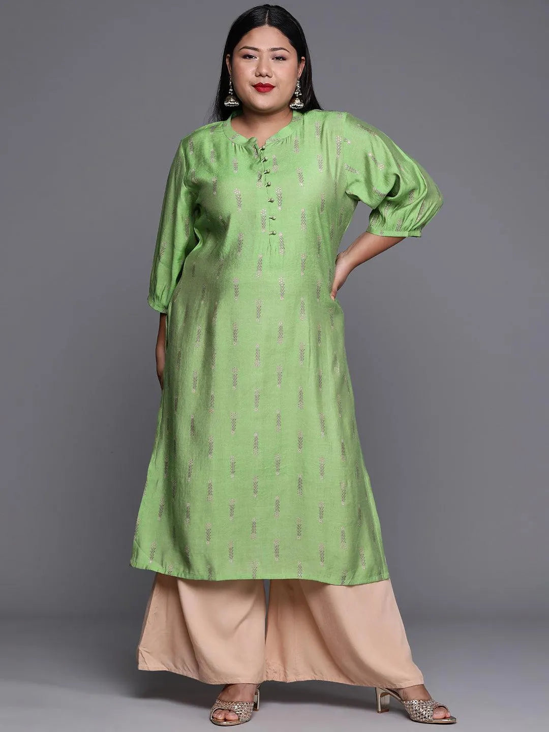 Plus Size Green Printed Chanderi Silk Kurta - Jashvi