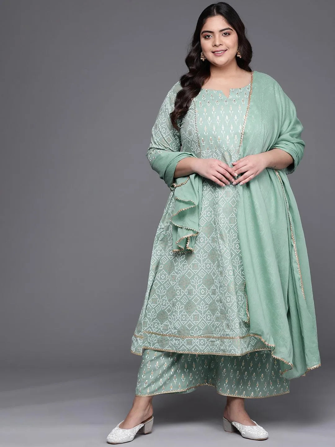 Plus Size Green Printed Cotton Suit Set - Jashvi