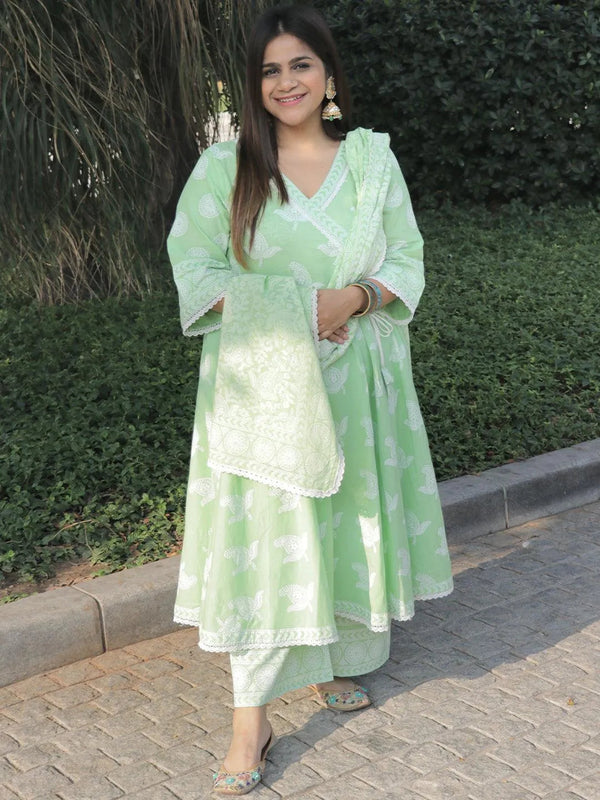 Plus Size Green Printed Cotton Suit Set - Jashvi