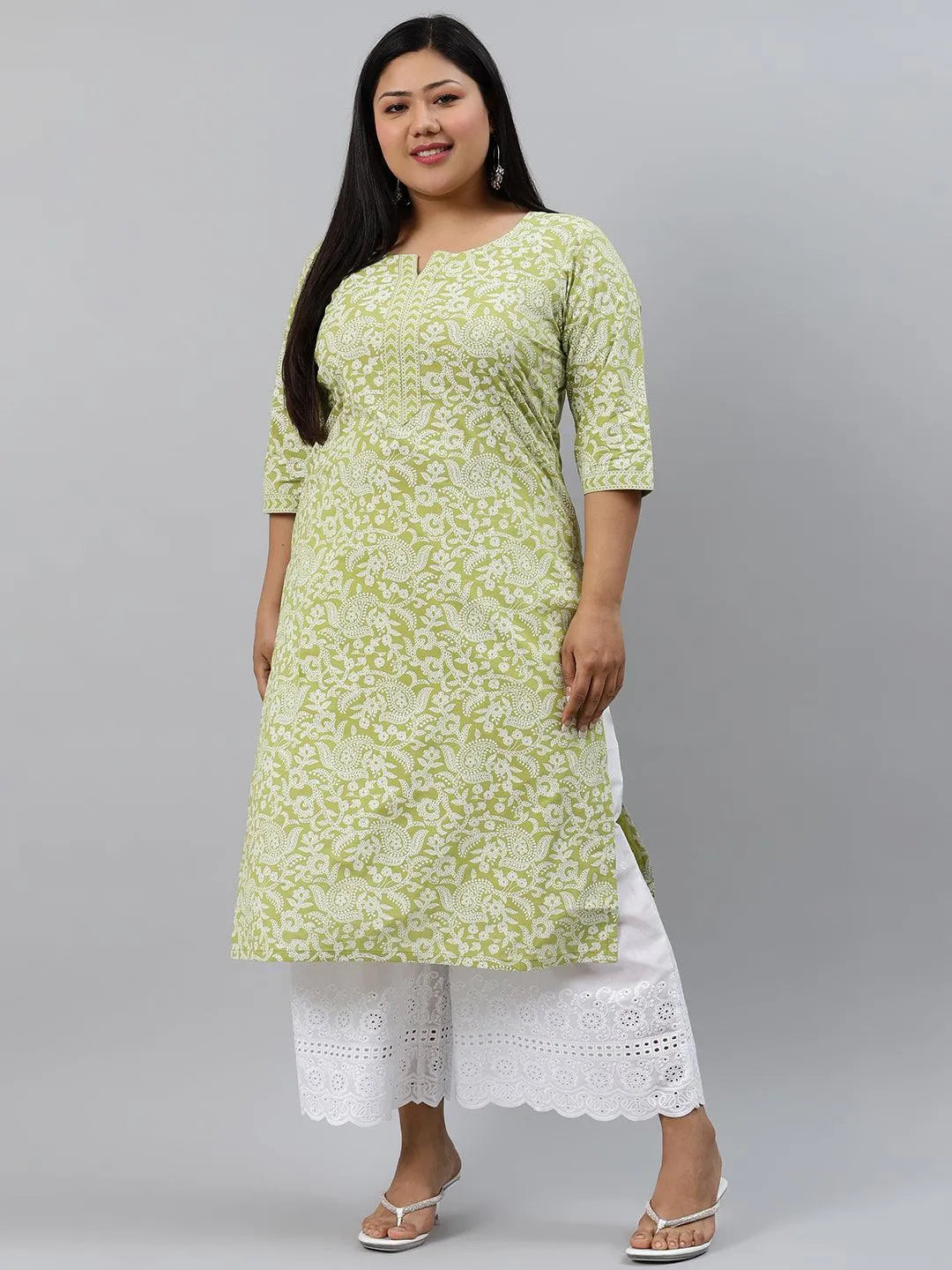 Plus Size Green Printed Cotton Kurta - Jashvi