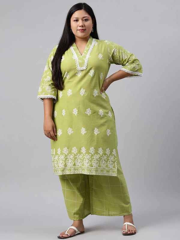 Plus Size Green Printed Cotton Kurta