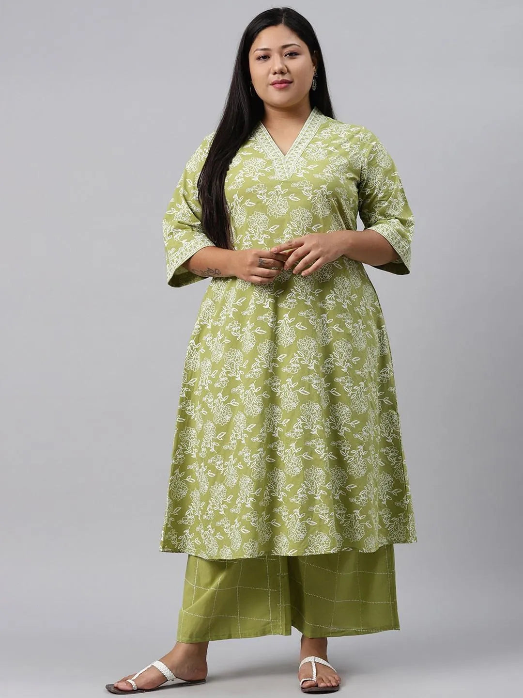 Plus Size Green Printed Cotton Kurta - Jashvi