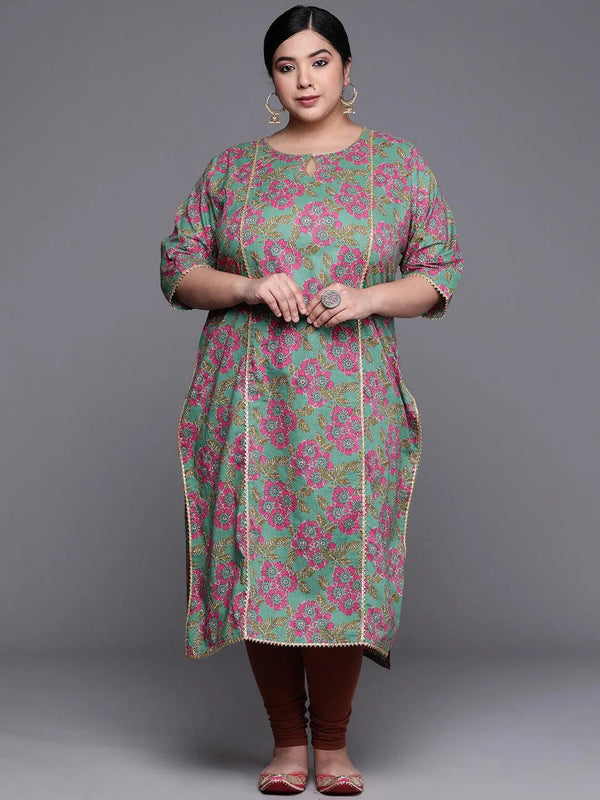 Plus Size Green Printed Cotton Kurta - Jashvi