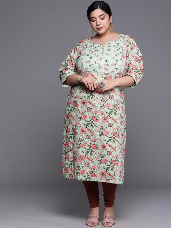 Plus Size Green Printed Cotton Kurta - Jashvi