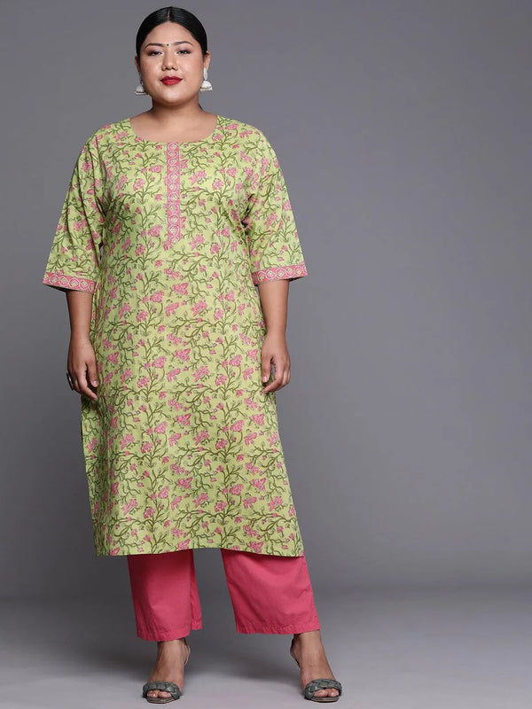 Plus Size Green Printed Cotton Kurta - Jashvi