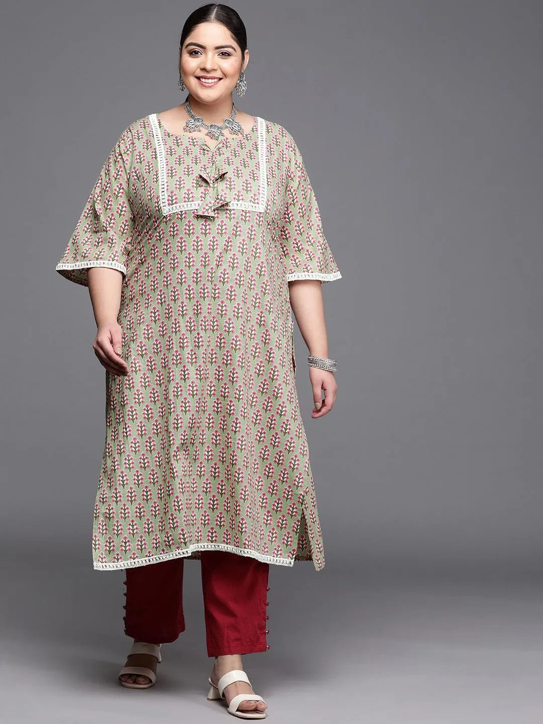 Plus Size Green Printed Cotton Kurta - Jashvi