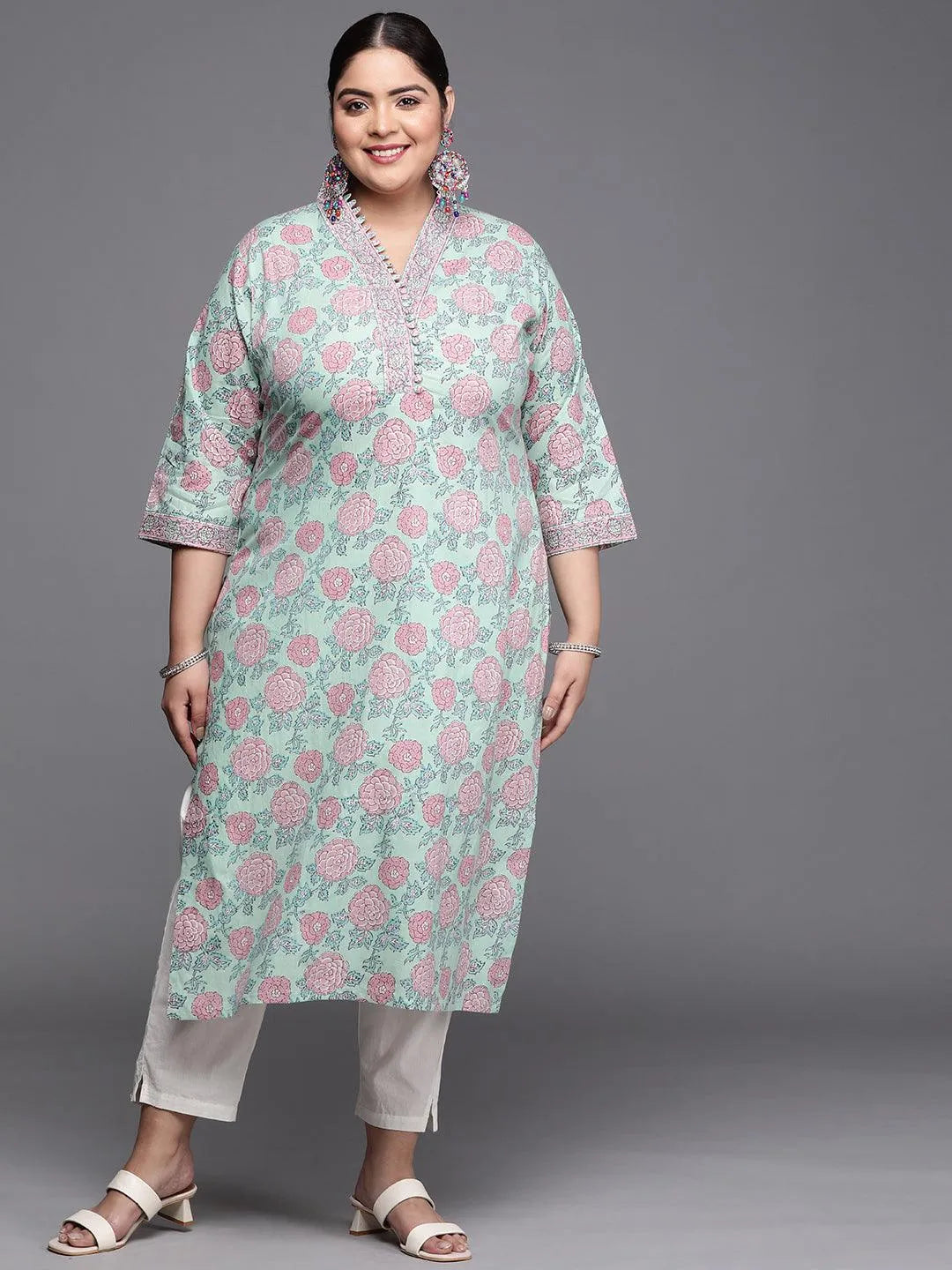 Plus Size Green Printed Cotton Kurta - Jashvi