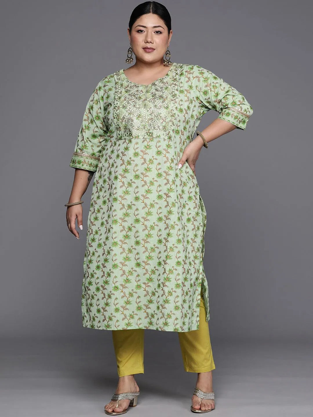 Plus Size Green Printed Cotton Silk Straight Kurta - Jashvi