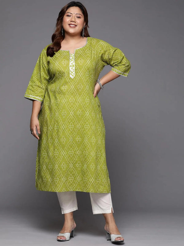 Plus Size Green Printed Cotton Straight Kurta - Jashvi