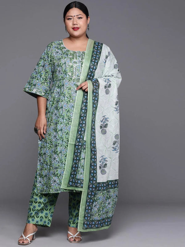 Plus Size Green Printed Cotton Suit Set - Jashvi