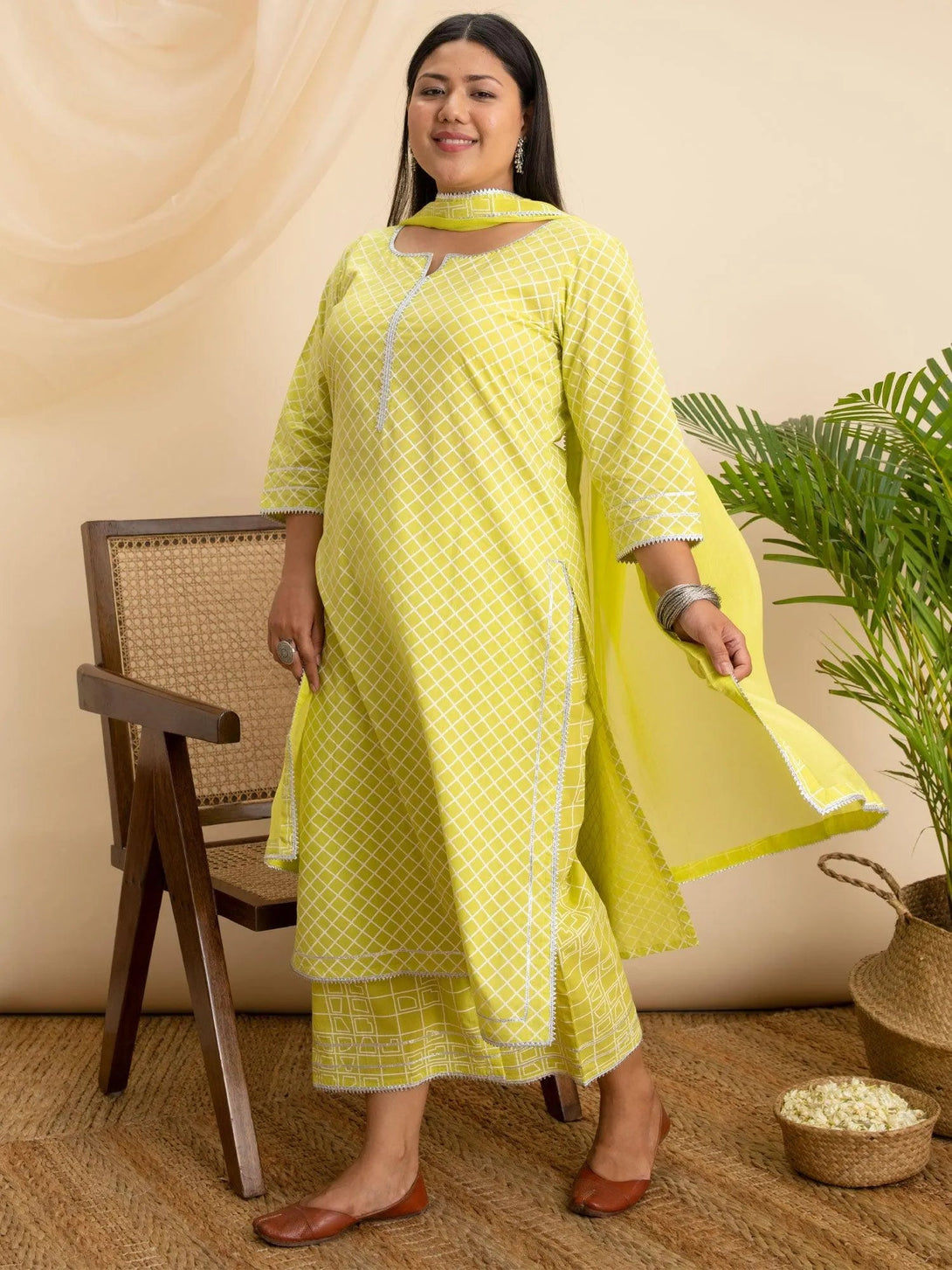 Plus Size Green Printed Cotton Suit Set - Jashvi