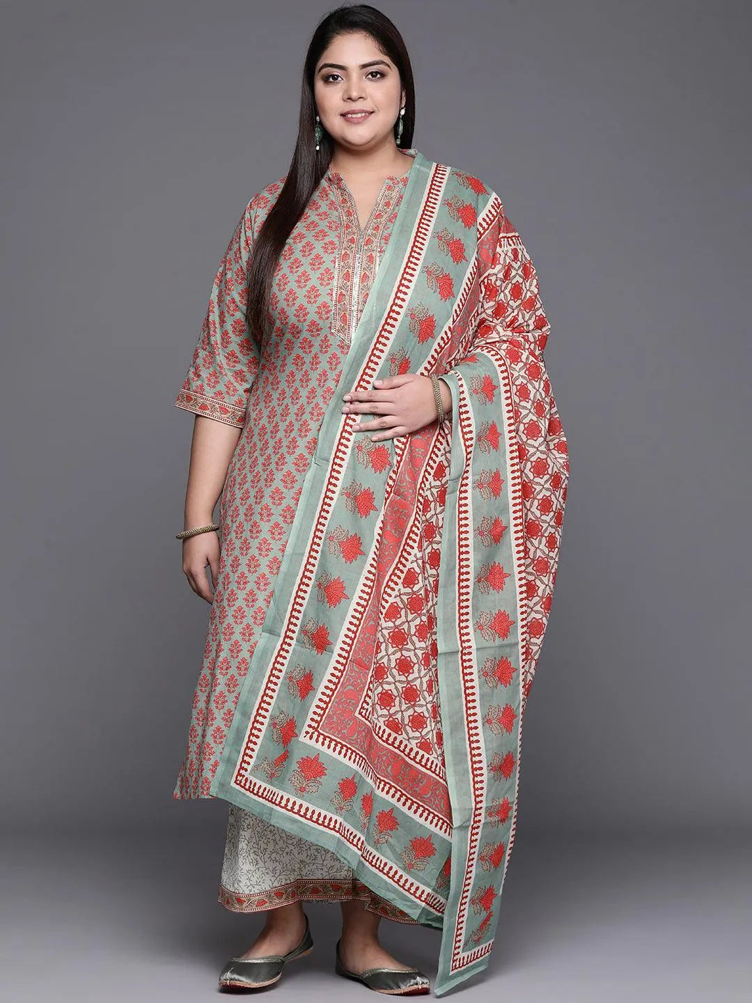 Plus Size Green Printed Cotton Suit Set - Jashvi