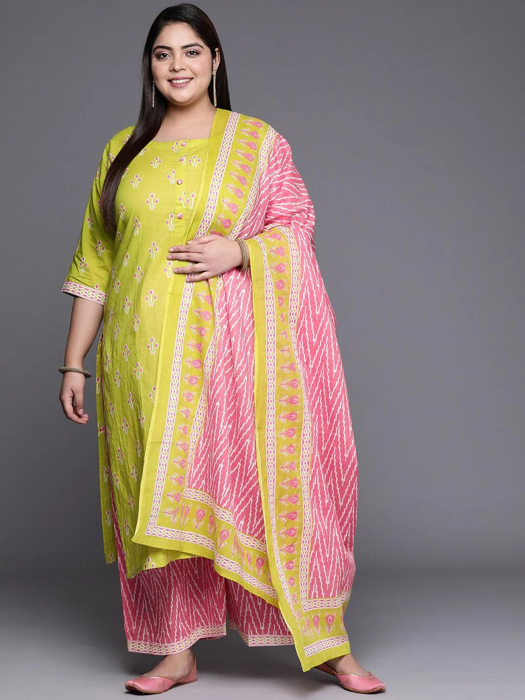 Plus Size Green Printed Cotton Suit Set - Jashvi