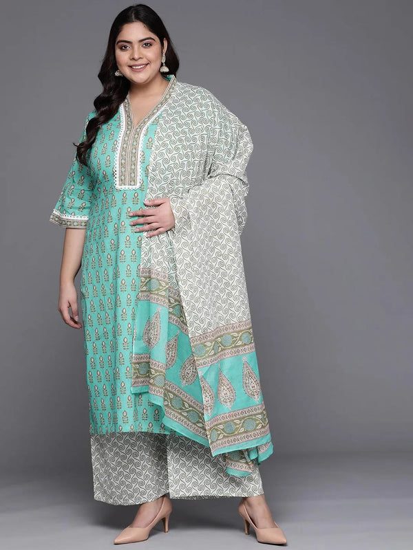 Plus Size Sea Green Printed Cotton Suit Set - Jashvi