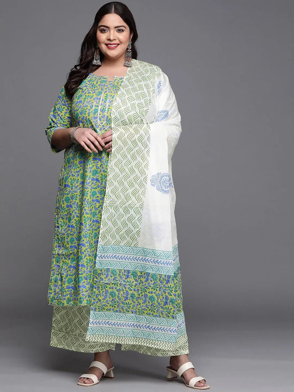 Plus Size Green Printed Cotton Suit Set - Jashvi