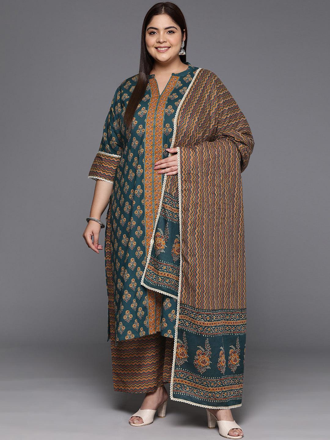 Plus Size Green Printed Cotton Straight Kurta With Palazzos & Dupatta - Jashvi