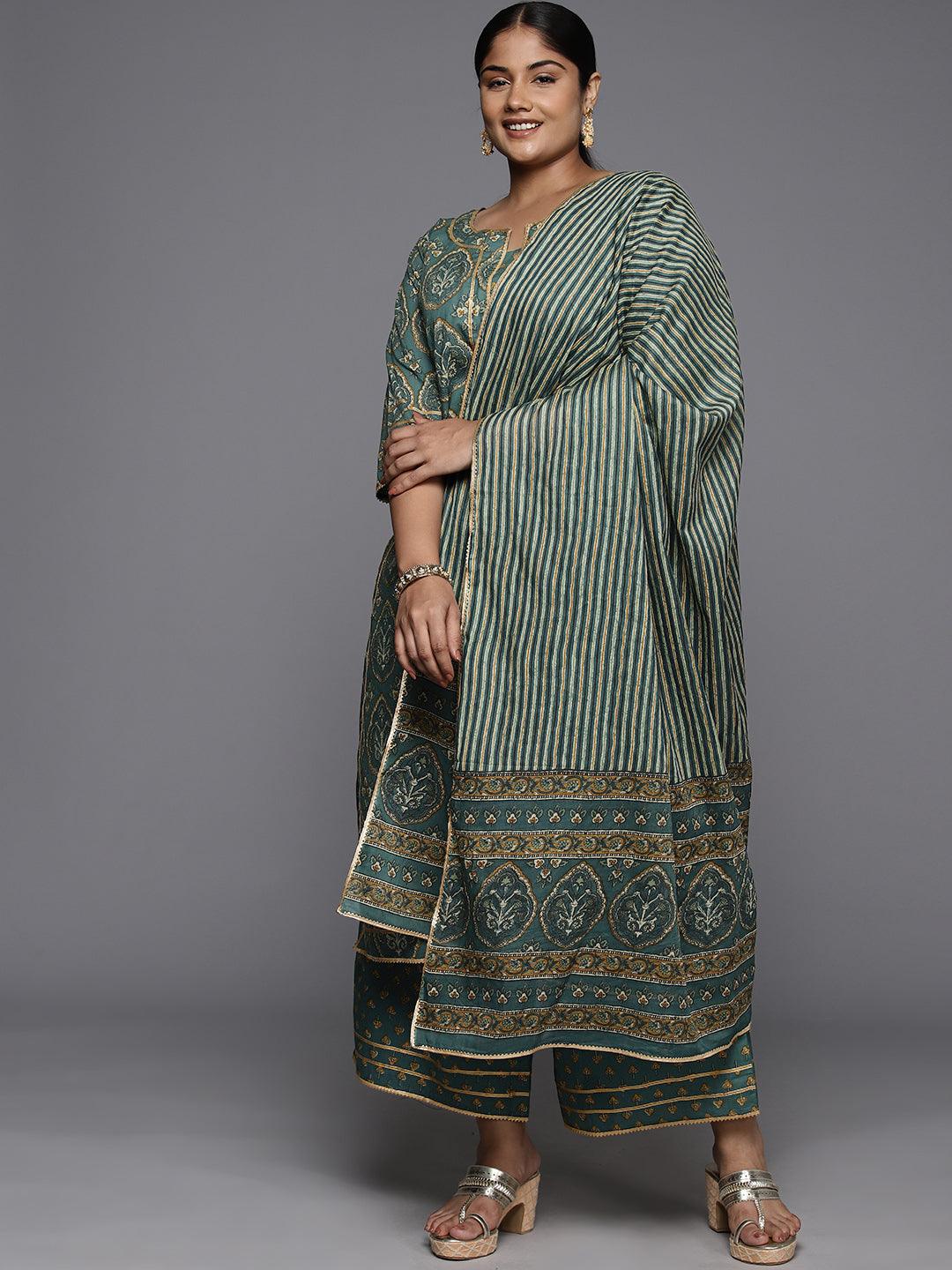 Plus Size Green Printed Cotton Straight Kurta With Palazzos & Dupatta - Jashvi