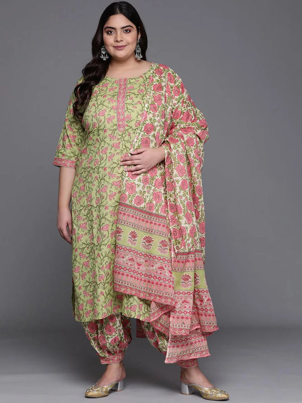 Plus Size Green Printed Cotton Suit Set - Jashvi