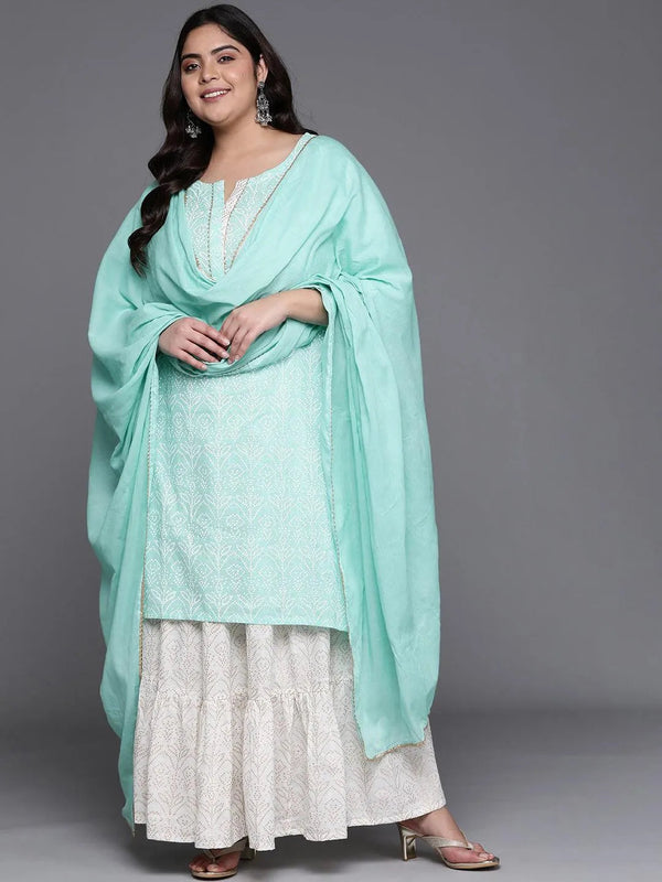 Plus Size Sea Green Printed Cotton Suit Set - Jashvi