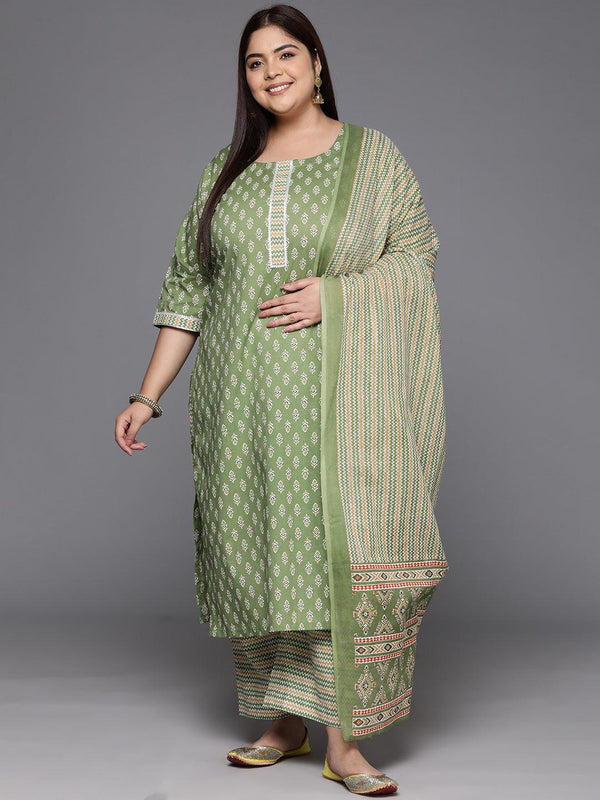 Plus Size Green Printed Cotton Straight Kurta With Trousers & Dupatta - Jashvi