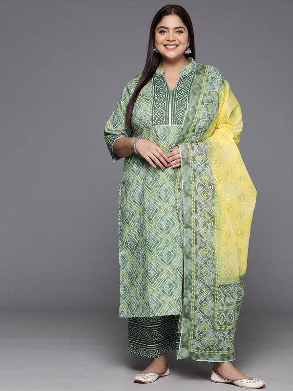 Plus Size Green Printed Cotton Straight Kurta With Trousers & Dupatta - Jashvi