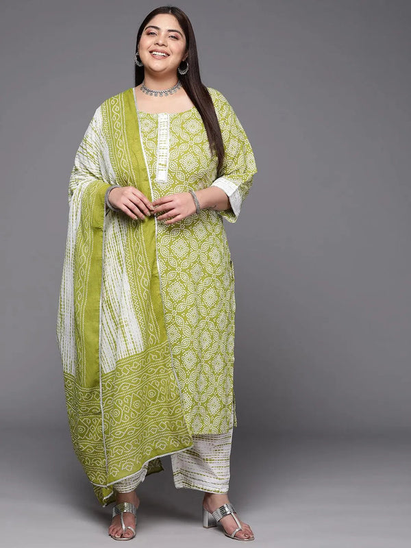 Plus Size Green Printed Cotton Suit Set With Trousers - Jashvi