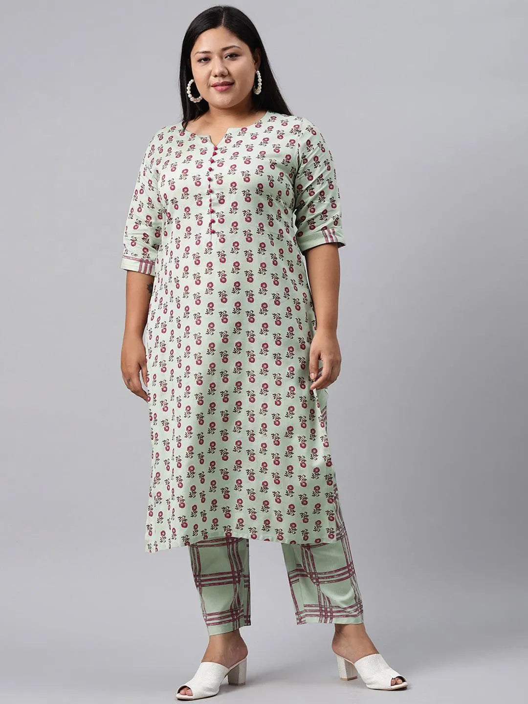 Plus Size Green Printed Cotton Kurta Set - Jashvi