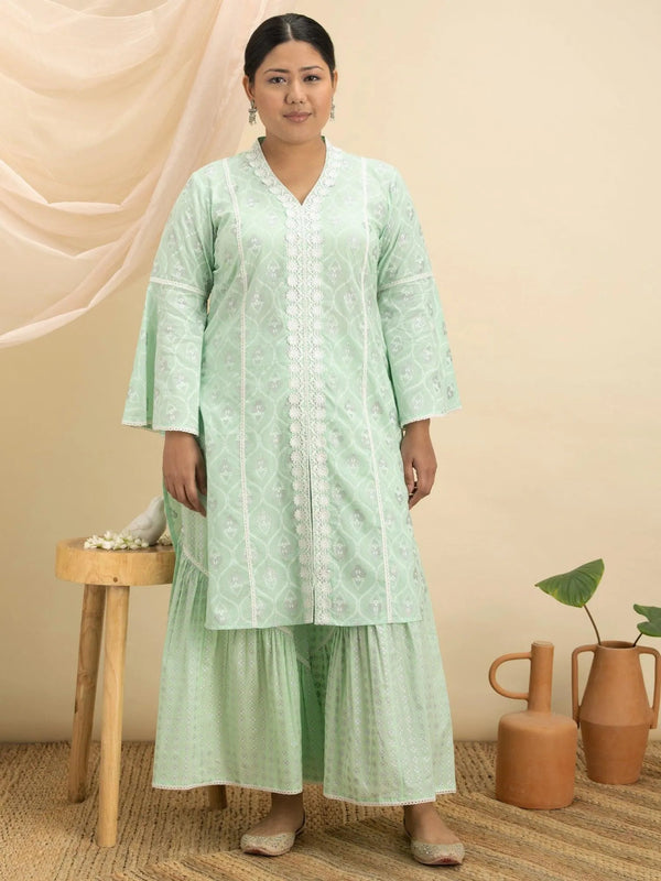 Plus Size Green Printed Cotton Kurta Set - Jashvi