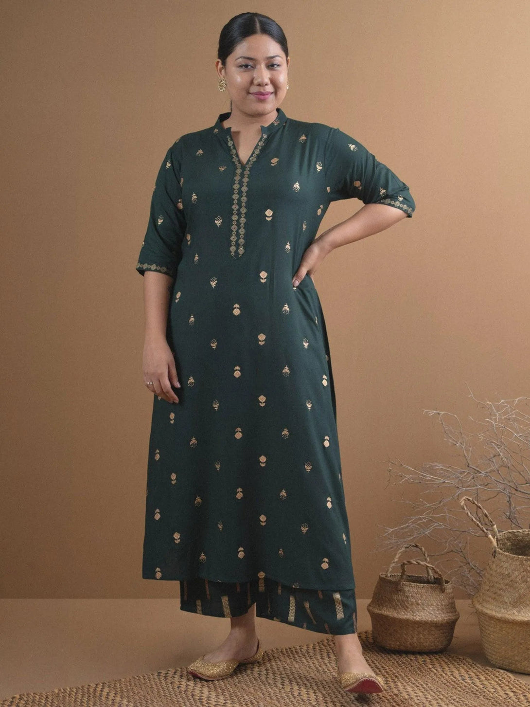 Plus Size Green Printed Rayon Kurta Set - Jashvi