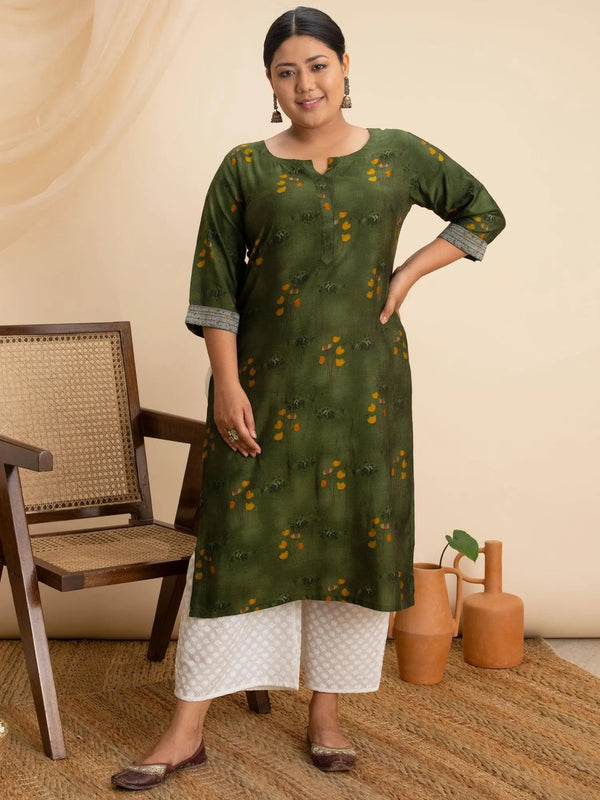 Plus Size Green Printed Rayon Kurta - Jashvi