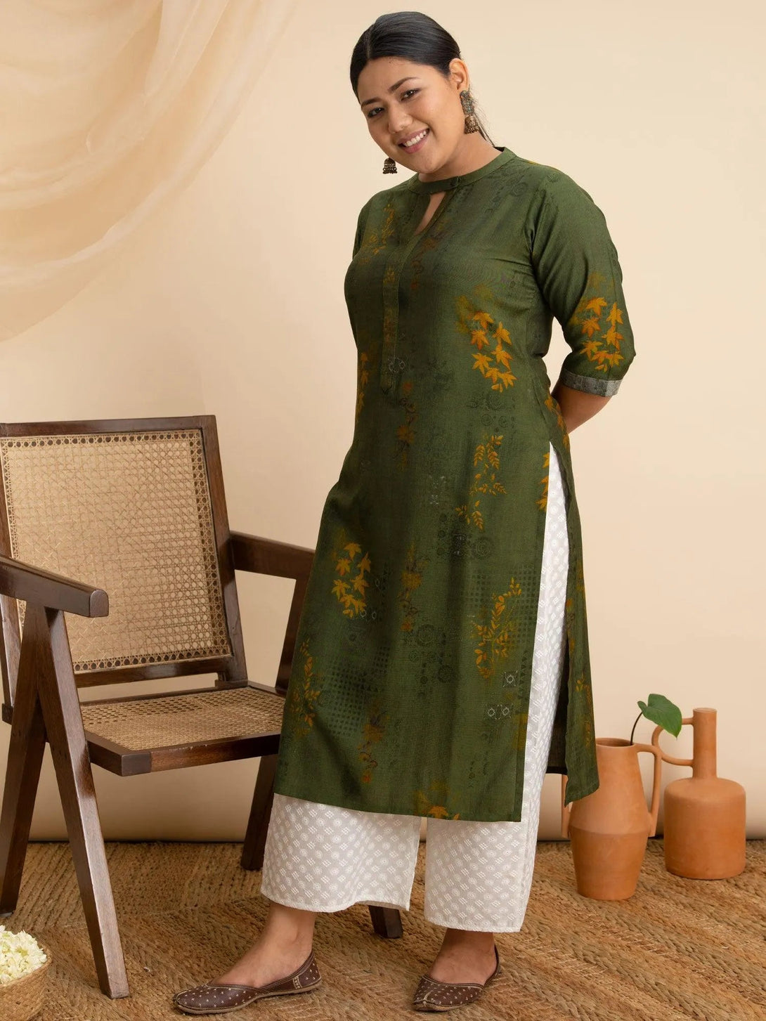 Plus Size Green Printed Rayon Kurta - Jashvi