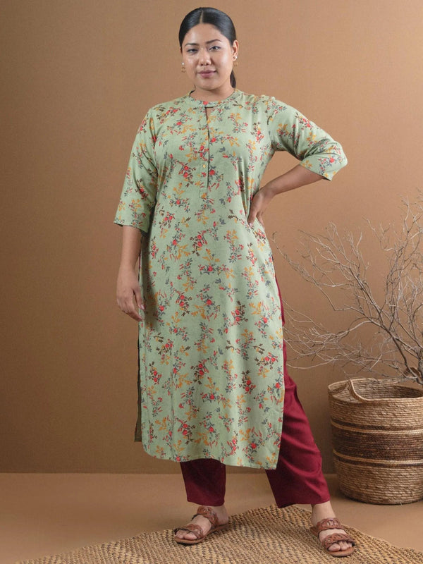 Plus Size Green Printed Rayon Straight Kurta - Jashvi