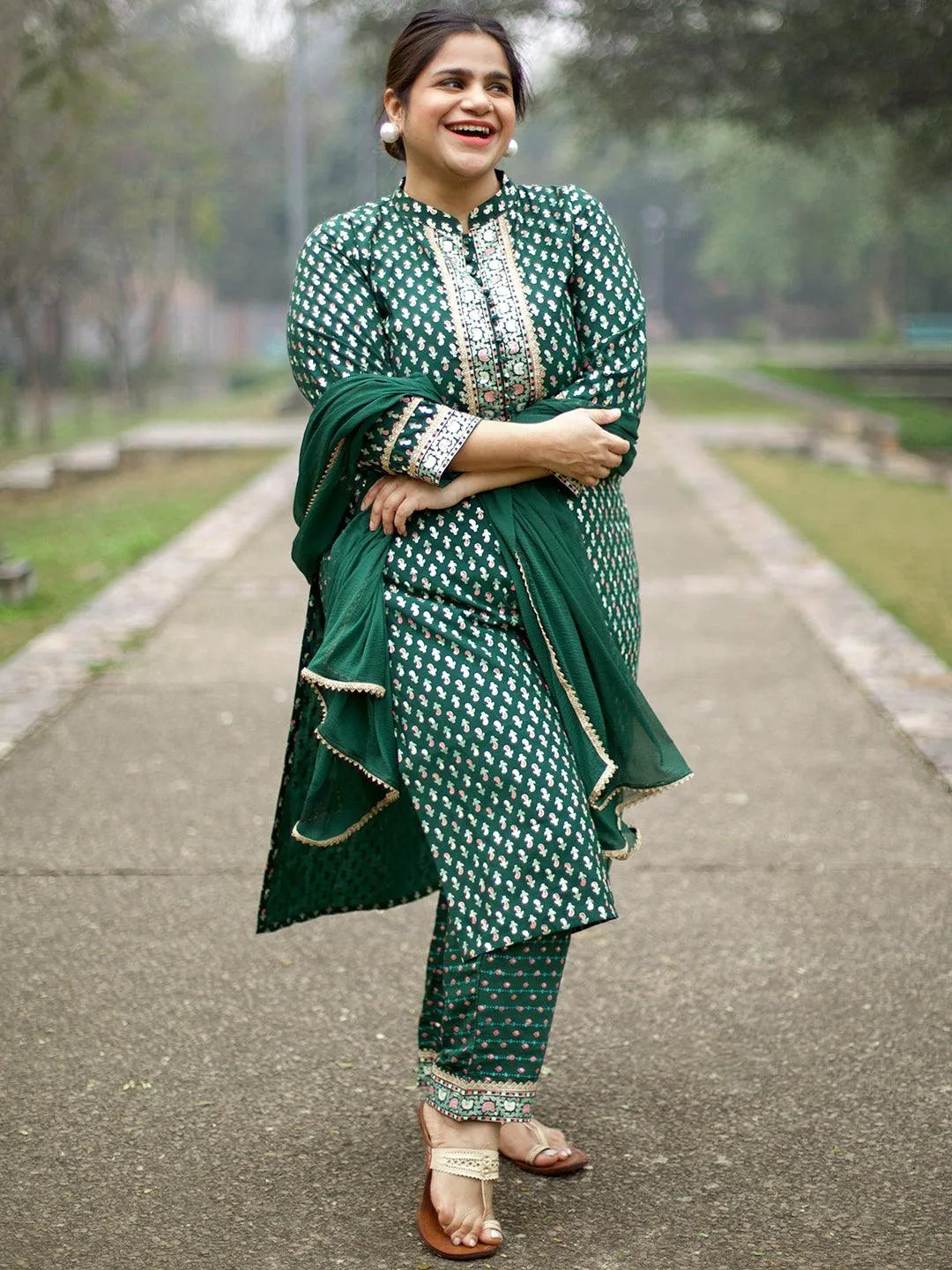 Plus Size Green Printed Silk Blend Straight Suit Set - Jashvi