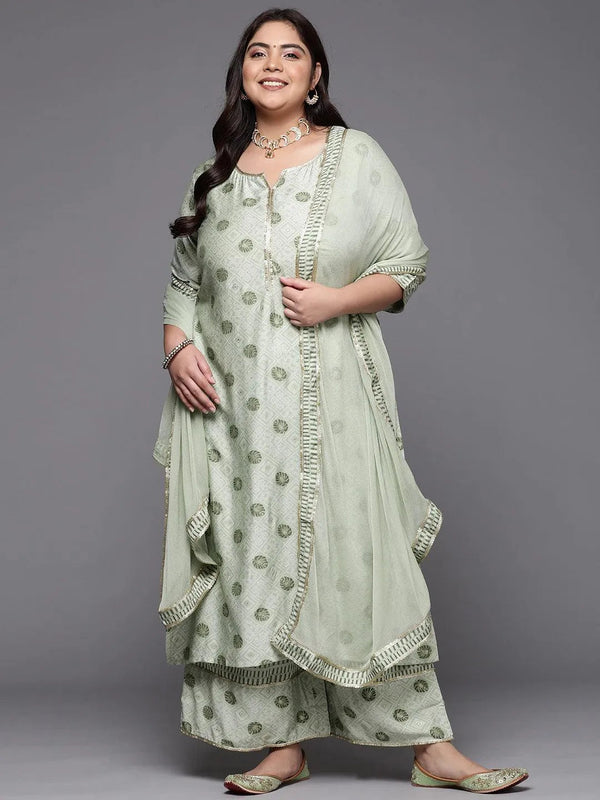 Plus Size Green Printed Silk Blend Straight Suit Set - Jashvi