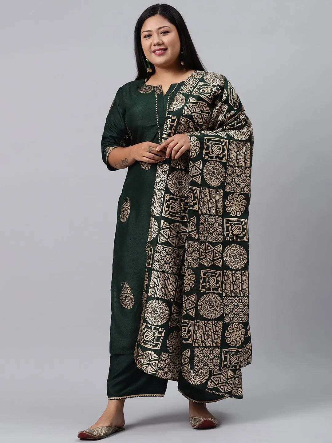 Plus Size Green Printed Silk Blend Suit Set - Jashvi